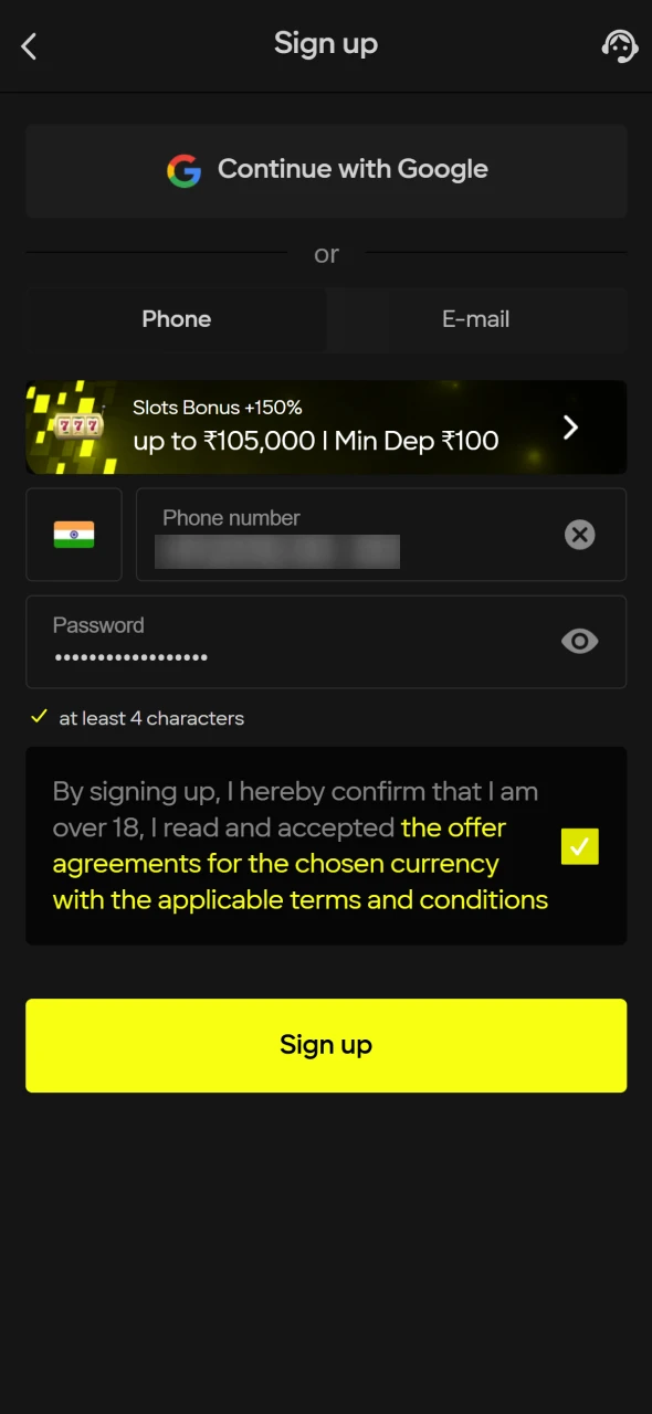 Select a registration method and fill the information at Parimatch.