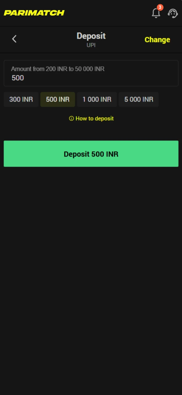 Click on the button and add funds to your Parimatch account.
