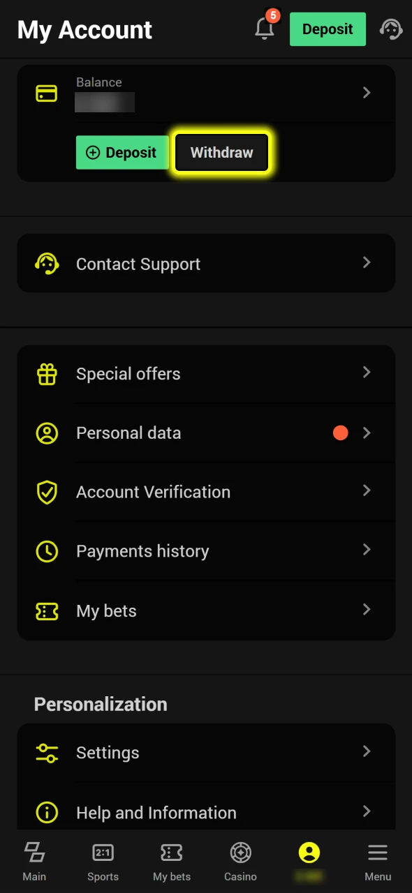 Click on the withdrawal button at your Parimatch account.