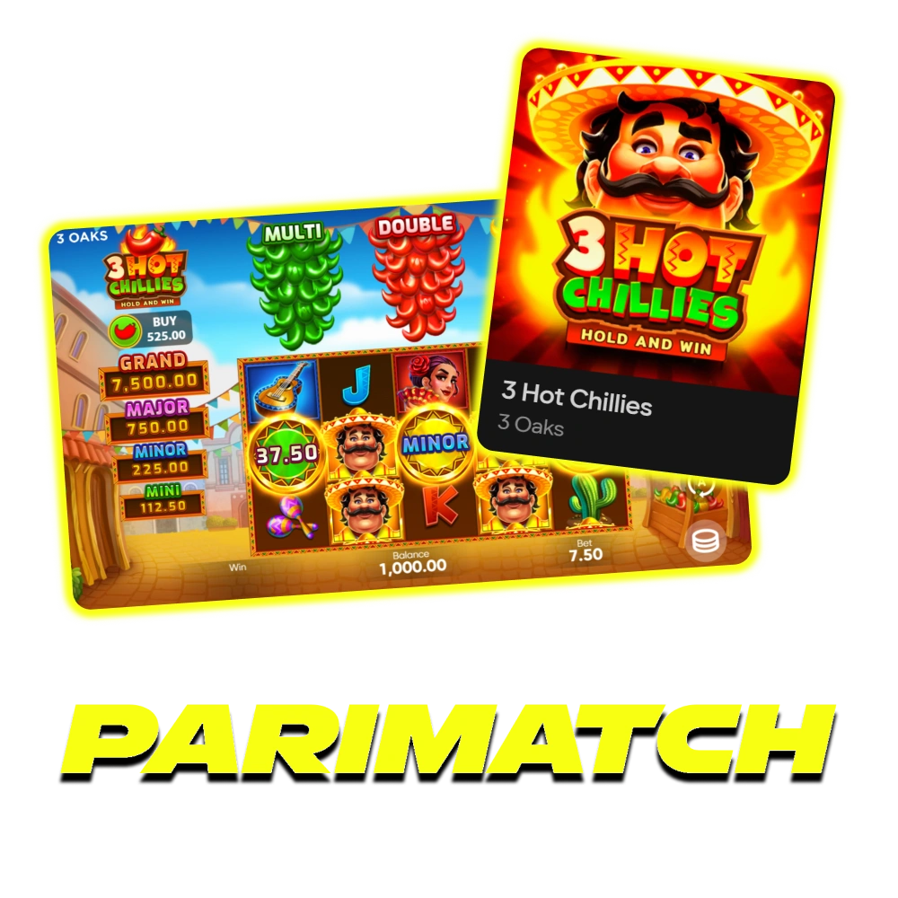 Experience the fiery graphics and exciting gameplay of the 3 Hot Chillies slot at Parimatch.