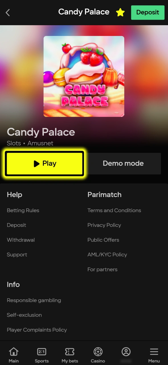 Click the Play button to launch the colorful Candy Palace slot game at Parimatch.
