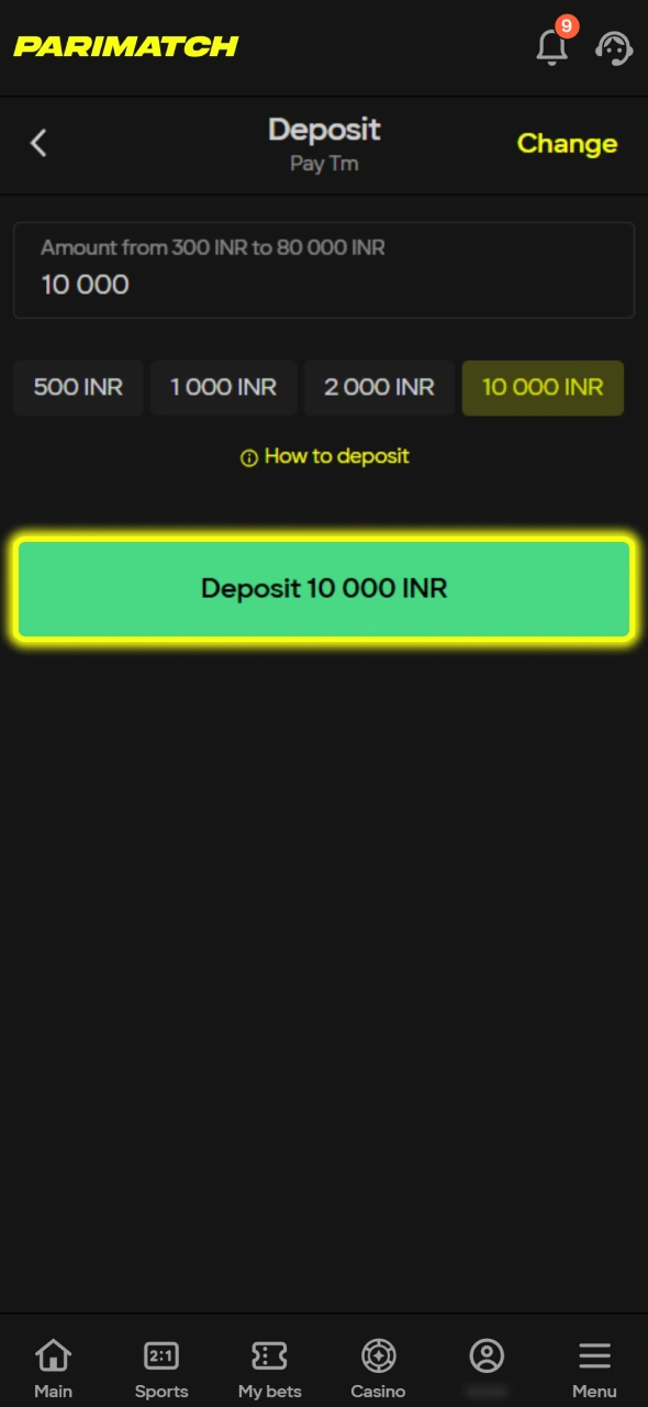 Select your deposit amount to fund your account for playing Candy Palace at Parimatch.