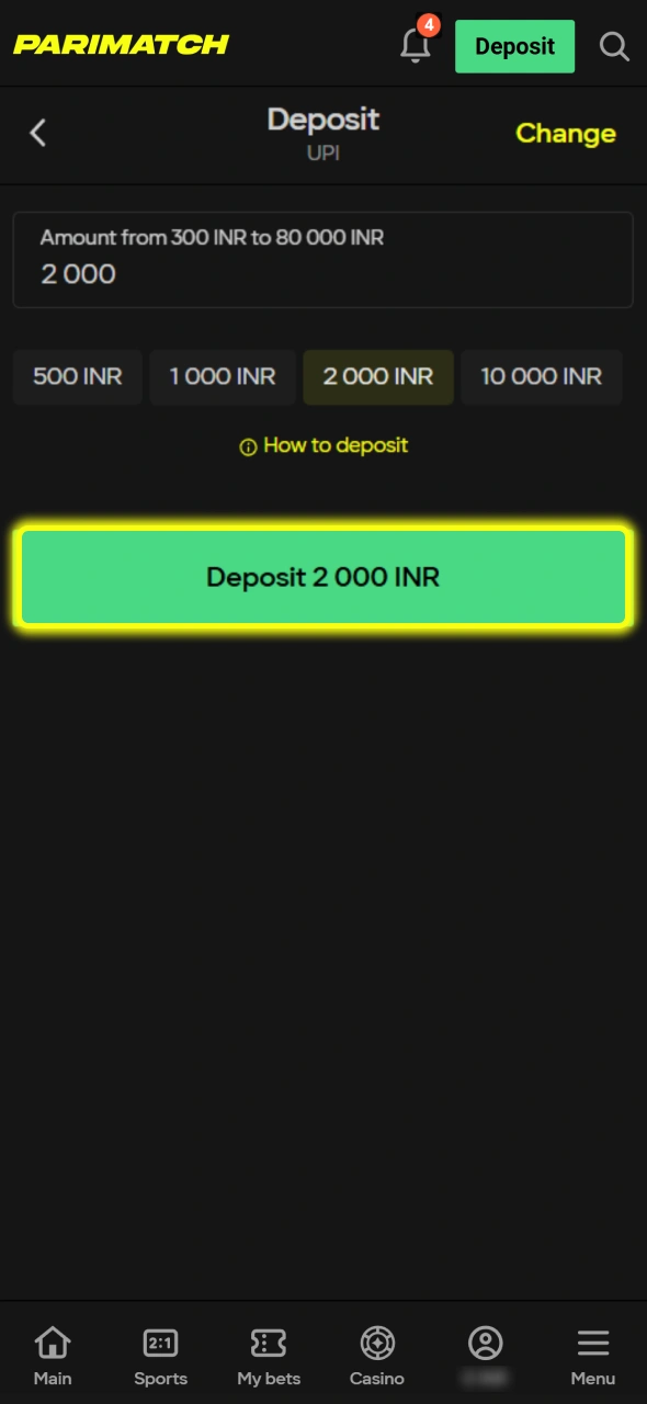 Select your preferred deposit amount to fund your account for playing Fortune Gems at Parimatch.