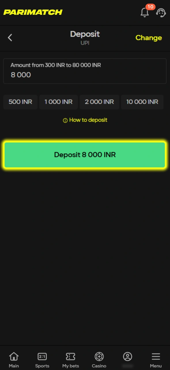 Select your deposit amount to fund your account for playing Winning Clover 5 at Parimatch.