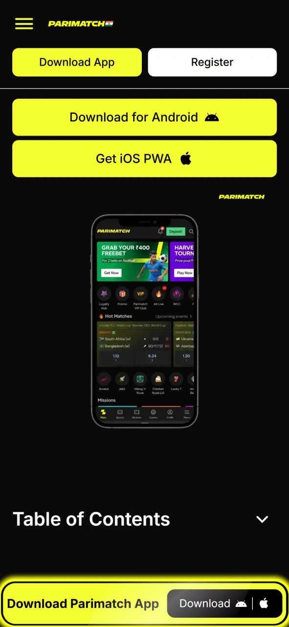 Open the mobile download page to find the direct links for the Parimatch Android app.