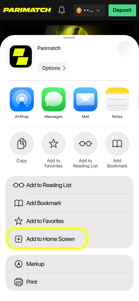 Select the Add to Home Screen option to complete the Parimatch iOS setup.