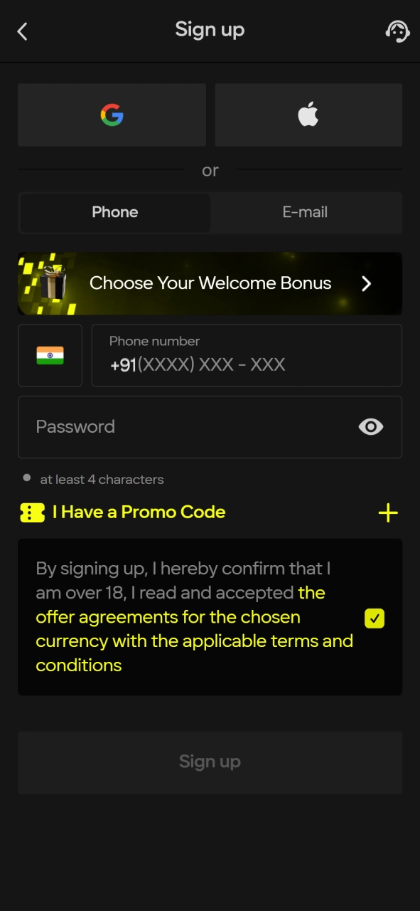 Sign up for a Parimatch account via phone or email and choose your welcome bonus.