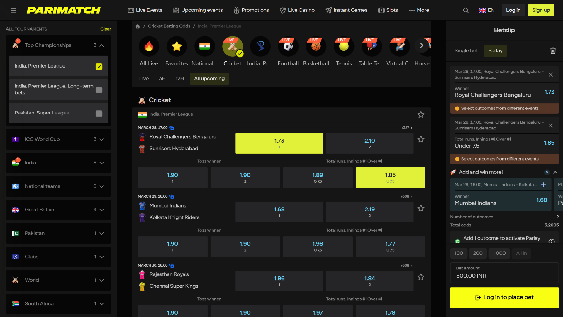 Add cricket matches to your betslip and activate parlay bonuses at Parimatch.